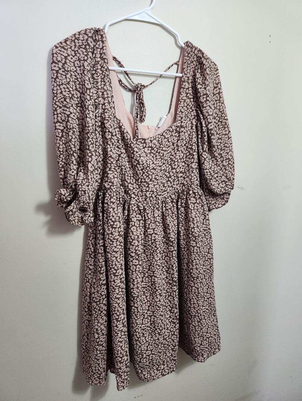 Mittoshop Brown and Blush Floral Puff-Sleeve Mini Dress S Small
